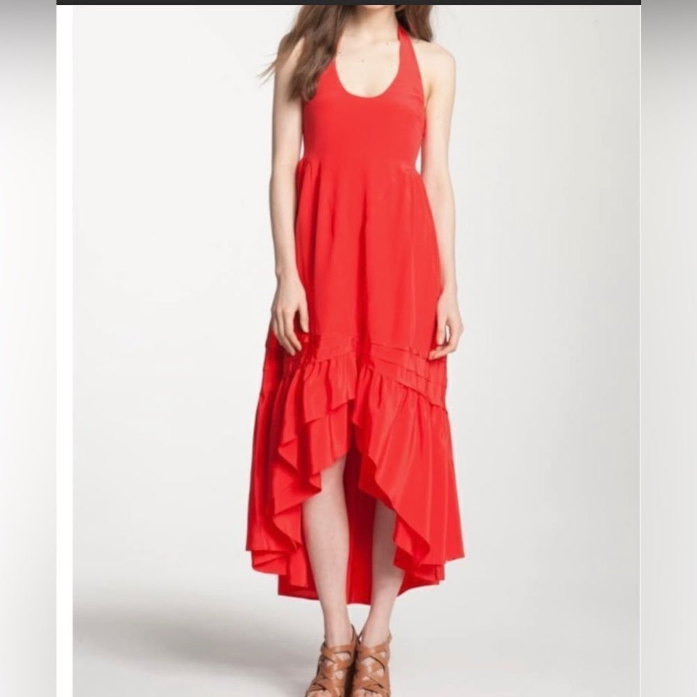 JUICY COUTURE Festival Chic Red Silk Halter Slit Hi Low Maxi Dress 4